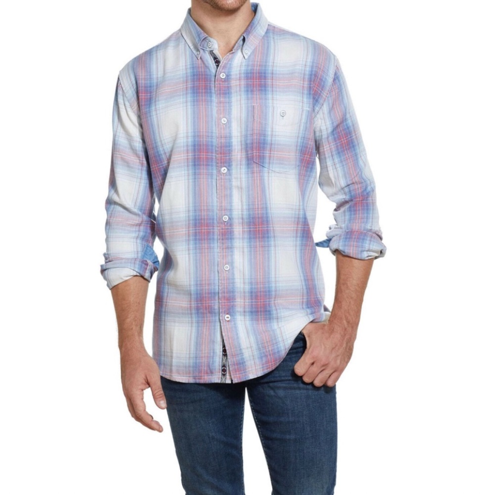 Weatherproof Vintage Men's Burnout Flannel Shirt Plaid Ice Blue Red in XL